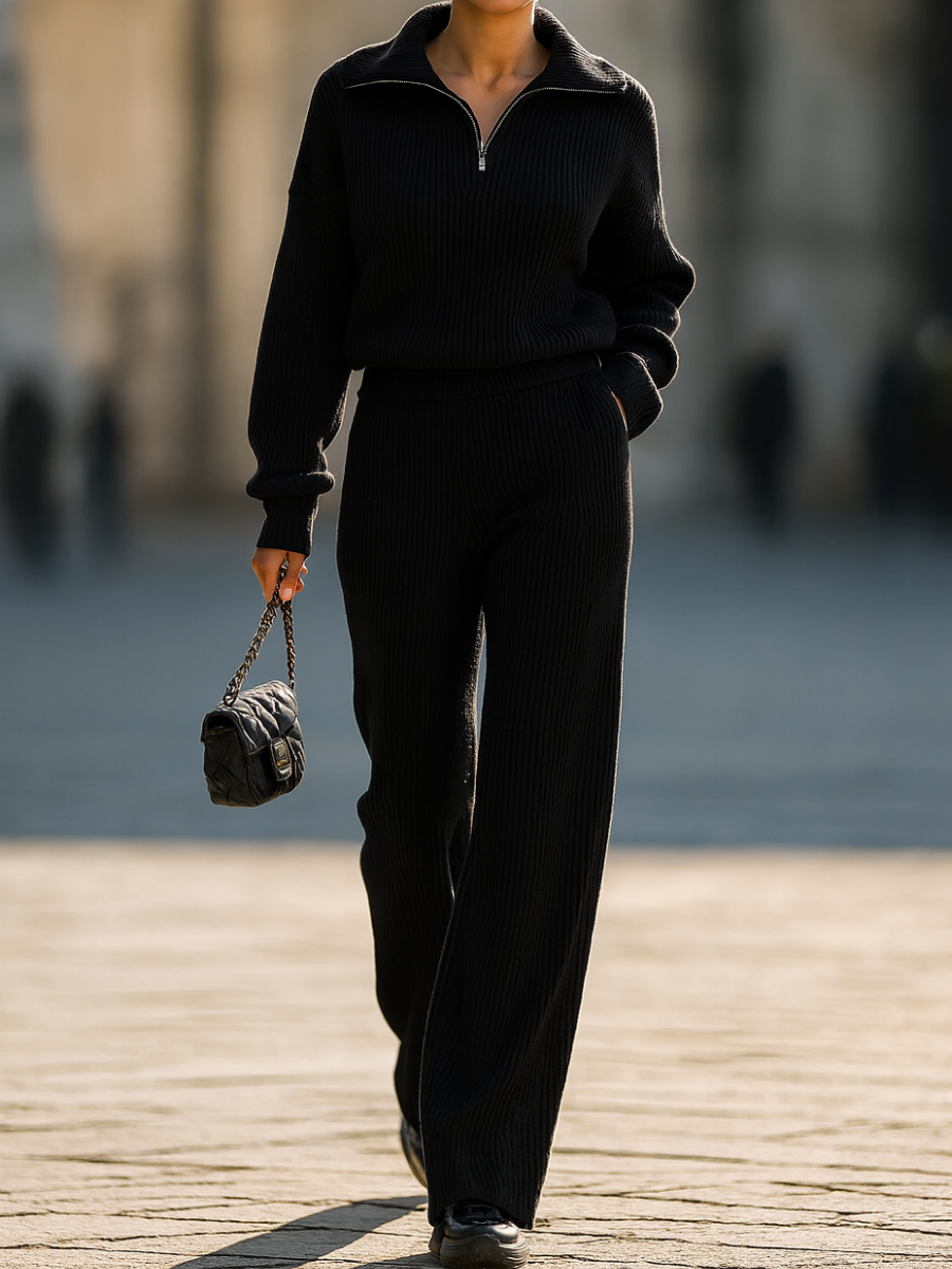 Ensemble côtelé deux pièces de luxe avec demi-fermeture éclair