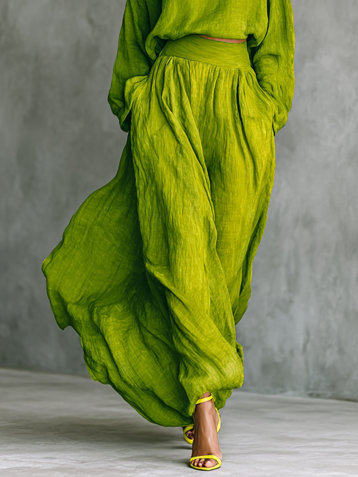 Ensemble deux pièces en lin de luxe à taille haute et coupe fluide